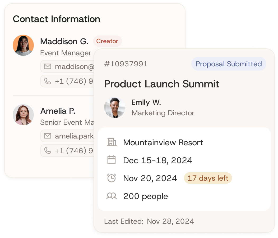 Contact information example showing contact info, event dates, proposal status